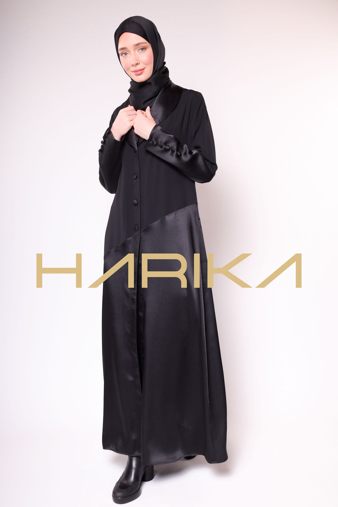 WOMEN'S BLACK SATIN BUTTONED ELEGANT ABAYA