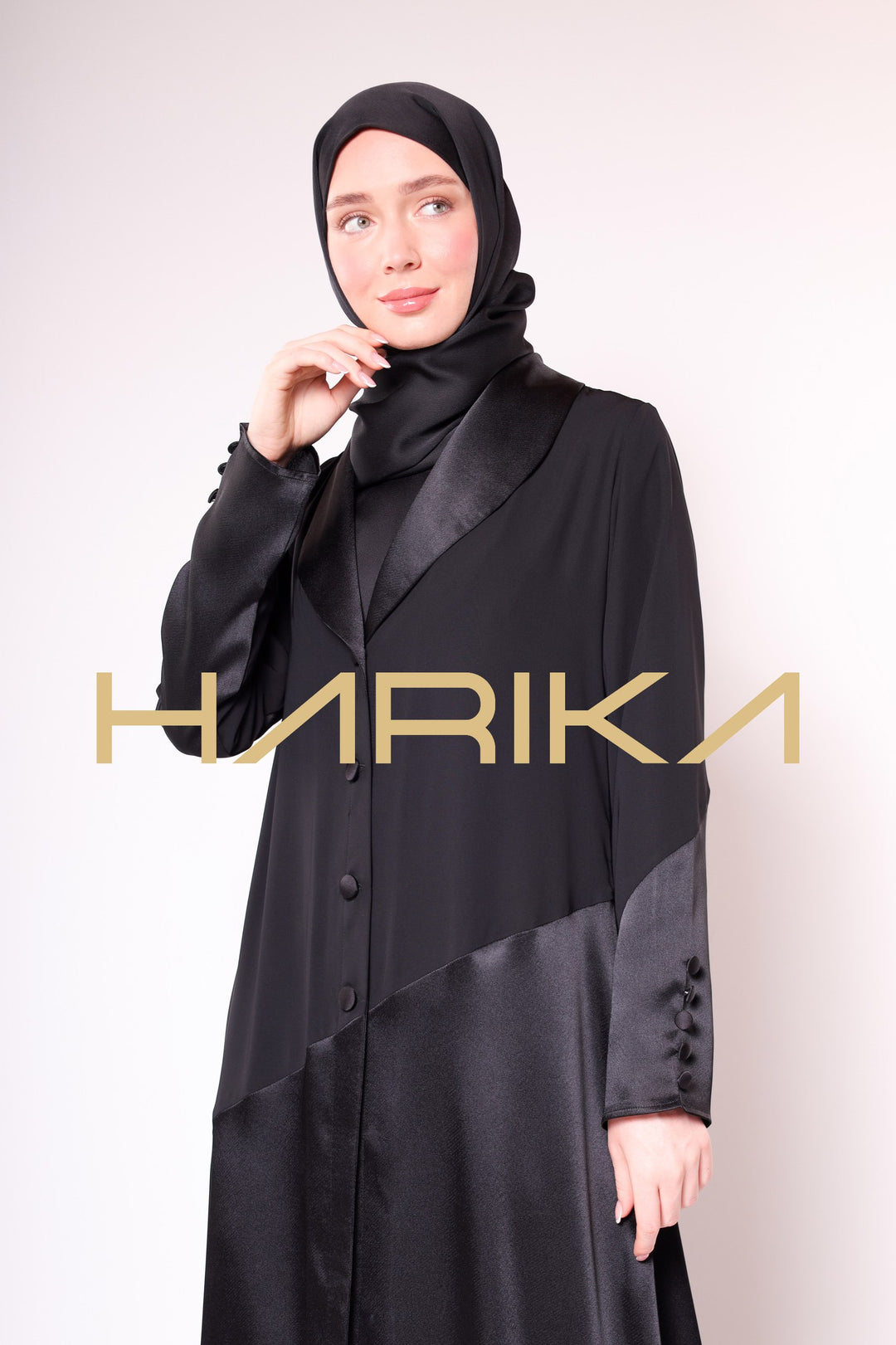 WOMEN'S BLACK SATIN BUTTONED ELEGANT ABAYA