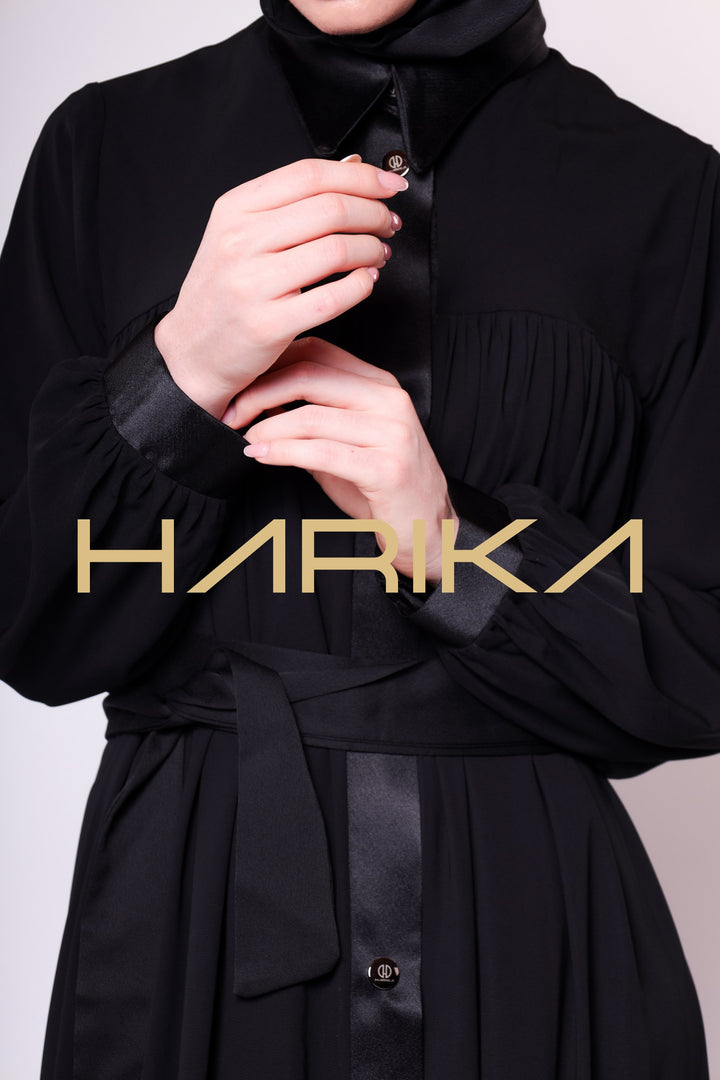 SATIN STRIPE DETAILED BUTTONED BLACK LONG ABAYA - CHIC AND ELEGANT DESIGN