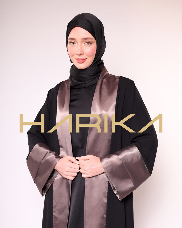 BLACK AND BROWN SATIN & SILK DETAILED ABAYA-EQUESTRIAN CLASS, ELEGANT AND STYLISH, LONG SLEEVE, SPECIAL DESIGN ABAYA