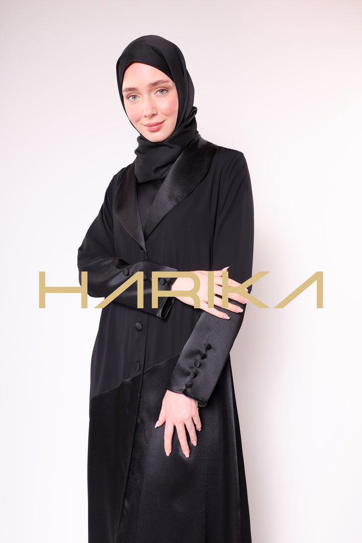 WOMEN'S BLACK SATIN BUTTONED ELEGANT ABAYA