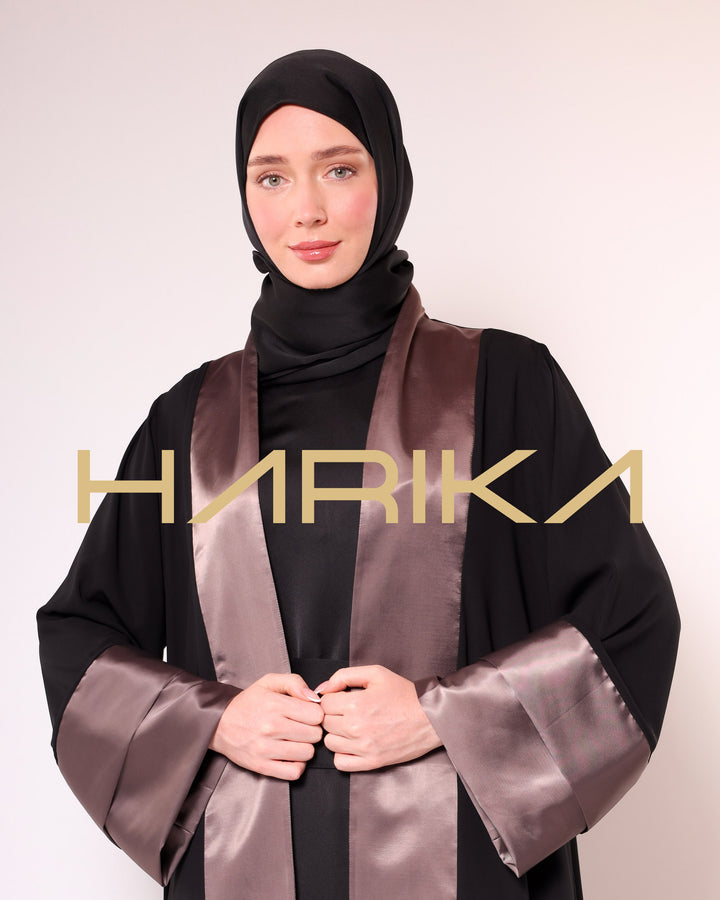 BLACK AND BROWN SATIN & SILK DETAILED ABAYA-EQUESTRIAN CLASS, ELEGANT AND STYLISH, LONG SLEEVE, SPECIAL DESIGN ABAYA