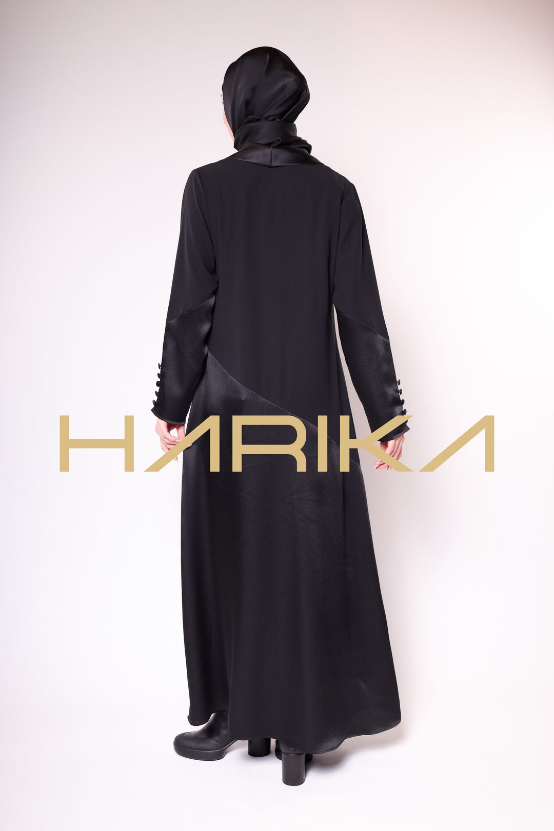 WOMEN'S BLACK SATIN BUTTONED ELEGANT ABAYA