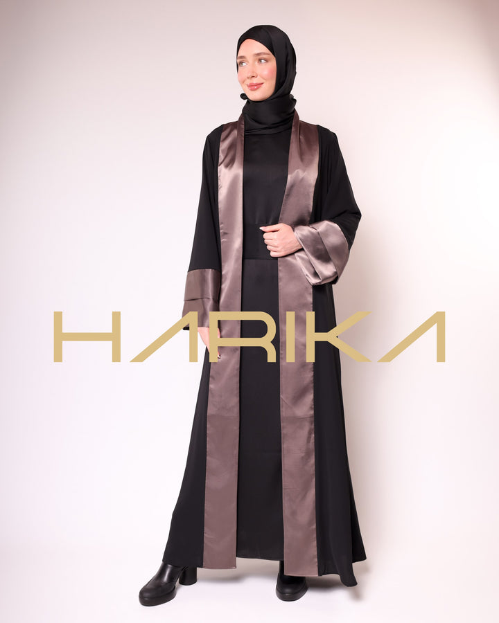 BLACK AND BROWN SATIN & SILK DETAILED ABAYA-EQUESTRIAN CLASS, ELEGANT AND STYLISH, LONG SLEEVE, SPECIAL DESIGN ABAYA