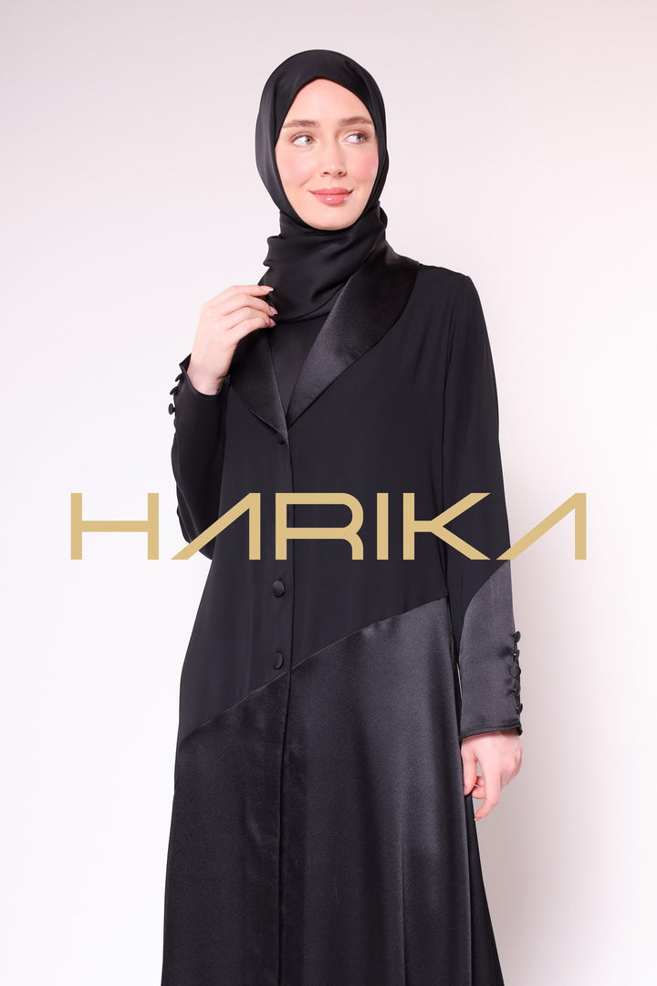 WOMEN'S BLACK SATIN BUTTONED ELEGANT ABAYA