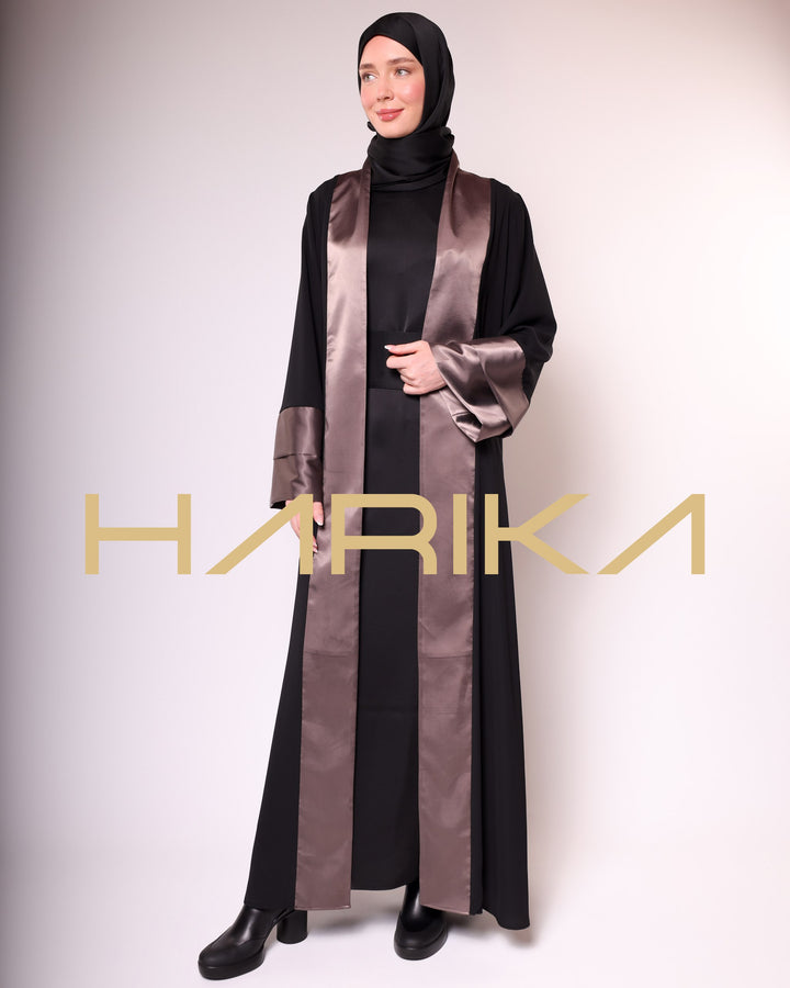 BLACK AND BROWN SATIN & SILK DETAILED ABAYA-EQUESTRIAN CLASS, ELEGANT AND STYLISH, LONG SLEEVE, SPECIAL DESIGN ABAYA