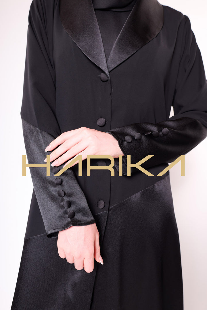 WOMEN'S BLACK SATIN BUTTONED ELEGANT ABAYA