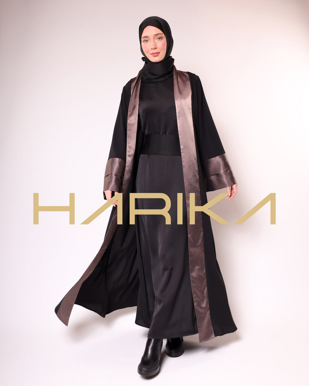 BLACK AND BROWN SATIN & SILK DETAILED ABAYA-EQUESTRIAN CLASS, ELEGANT AND STYLISH, LONG SLEEVE, SPECIAL DESIGN ABAYA