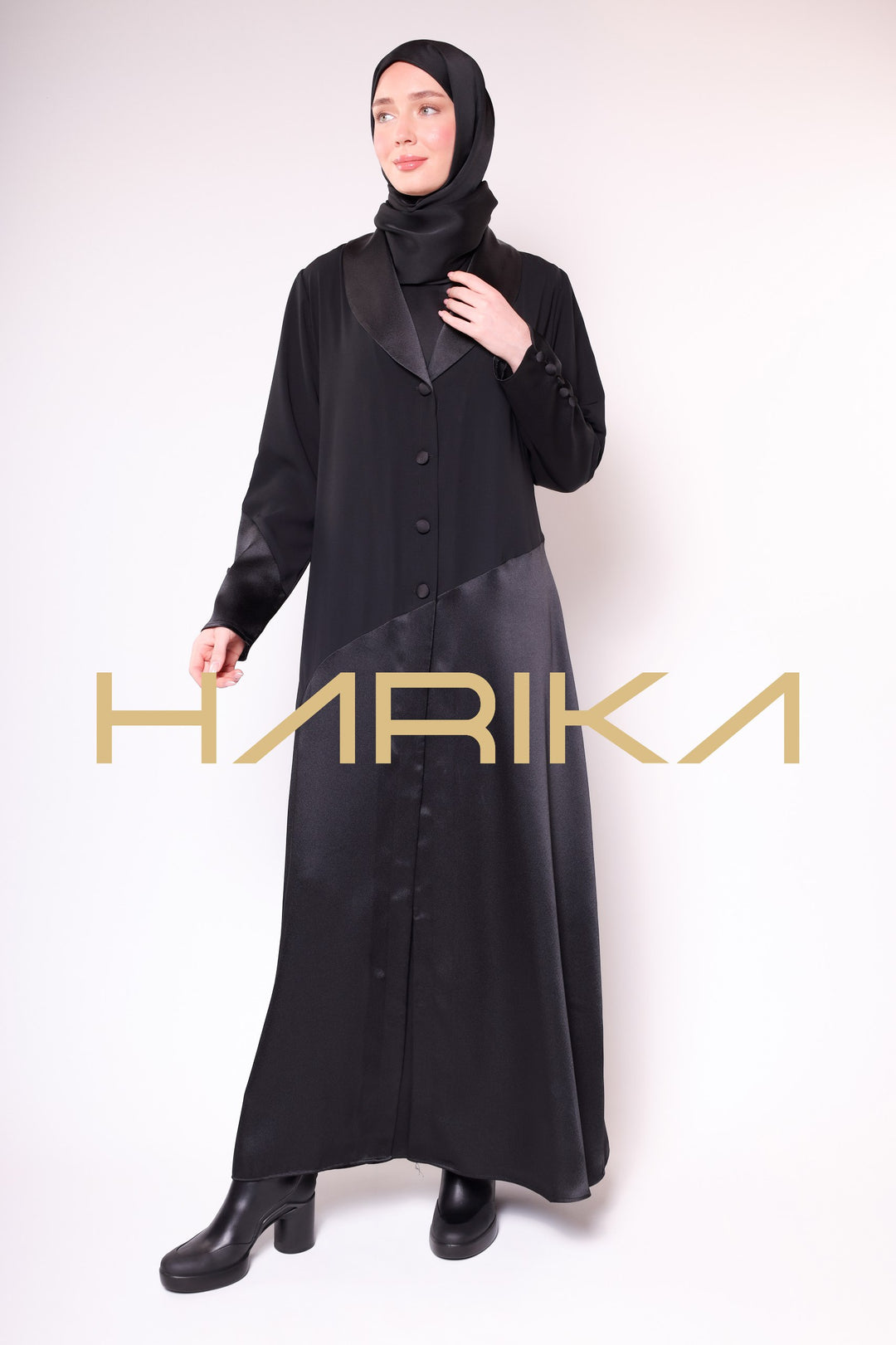 WOMEN'S BLACK SATIN BUTTONED ELEGANT ABAYA