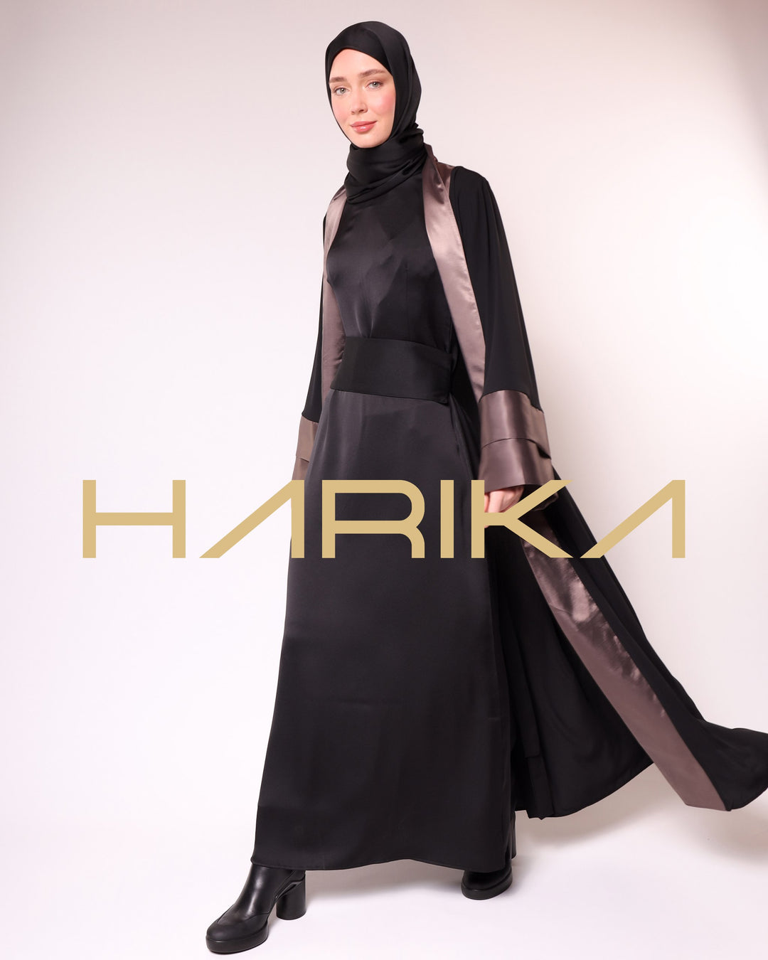 BLACK AND BROWN SATIN & SILK DETAILED ABAYA-EQUESTRIAN CLASS, ELEGANT AND STYLISH, LONG SLEEVE, SPECIAL DESIGN ABAYA