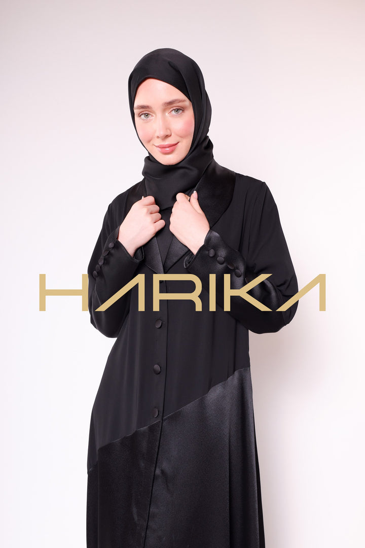 WOMEN'S BLACK SATIN BUTTONED ELEGANT ABAYA