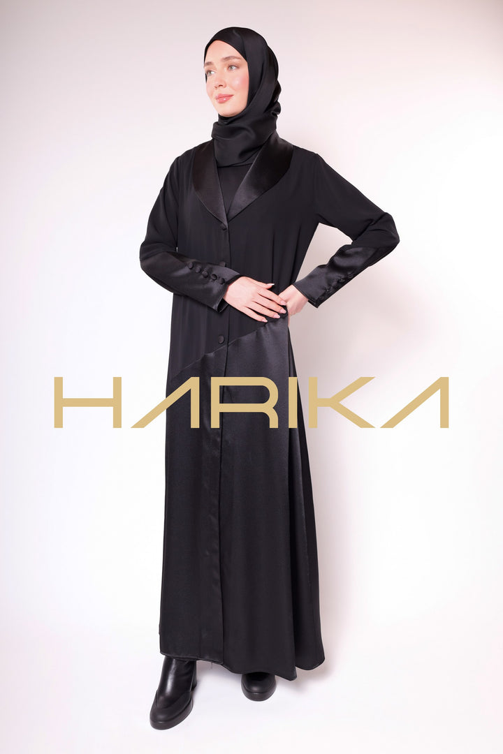 WOMEN'S BLACK SATIN BUTTONED ELEGANT ABAYA