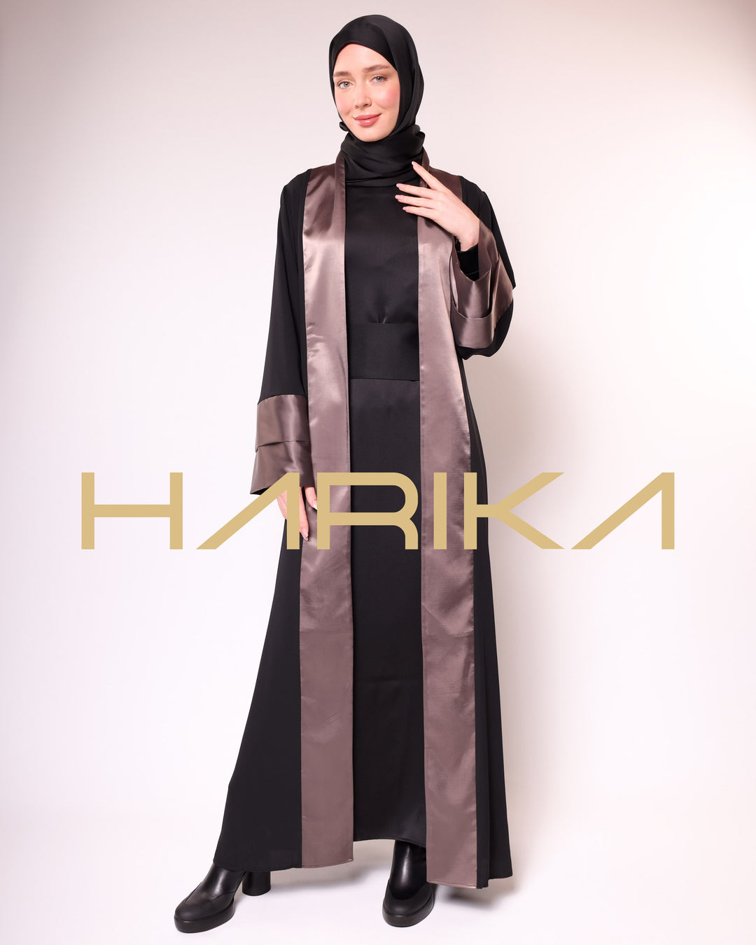 BLACK AND BROWN SATIN & SILK DETAILED ABAYA-EQUESTRIAN CLASS, ELEGANT AND STYLISH, LONG SLEEVE, SPECIAL DESIGN ABAYA