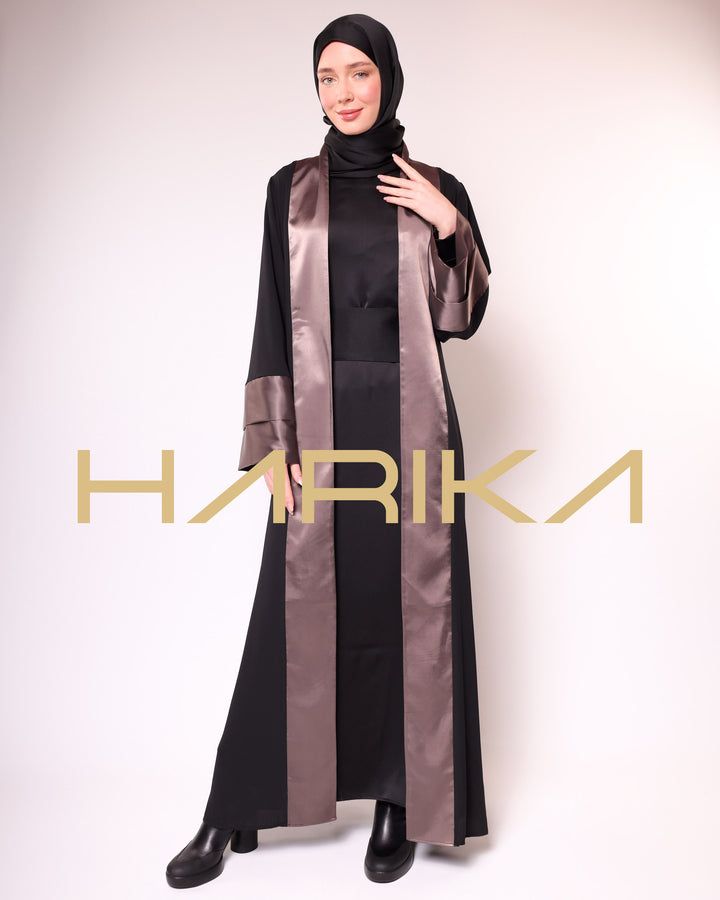 BLACK AND BROWN SATIN & SILK DETAILED ABAYA-EQUESTRIAN CLASS, ELEGANT AND STYLISH, LONG SLEEVE, SPECIAL DESIGN ABAYA