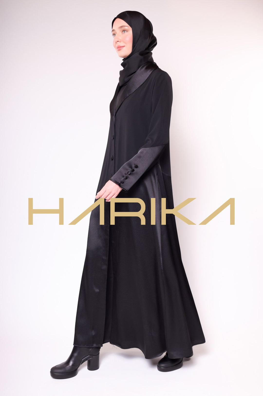 WOMEN'S BLACK SATIN BUTTONED ELEGANT ABAYA