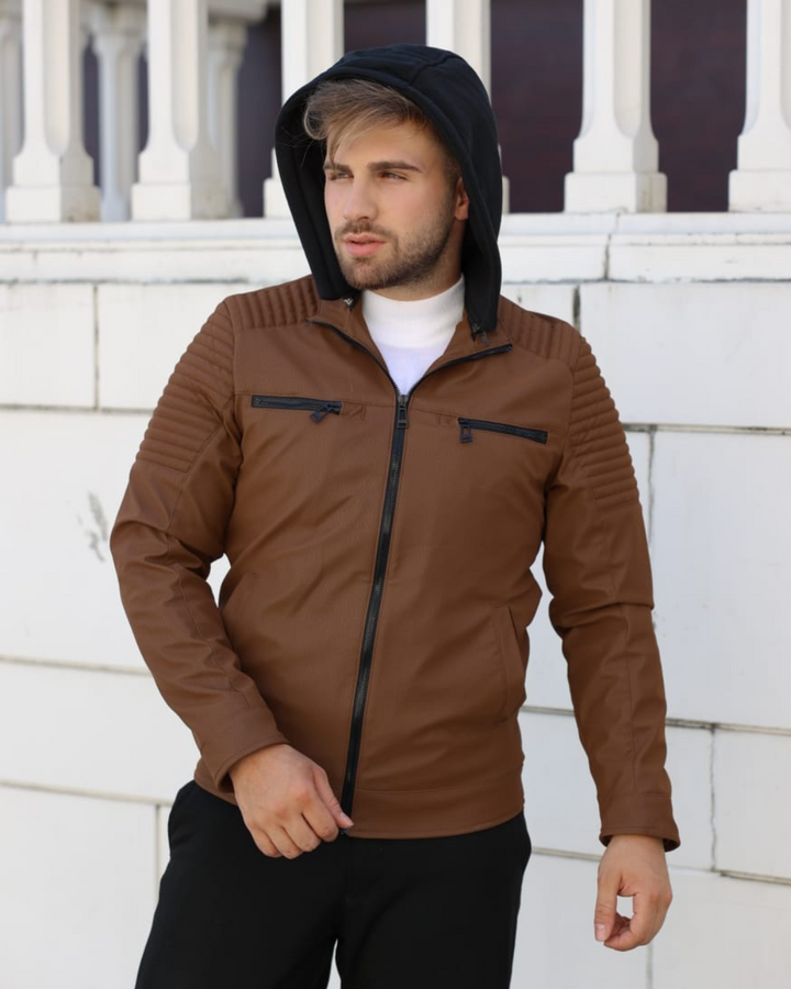 BIKER LEATHER JACKET WITH  - HOOD