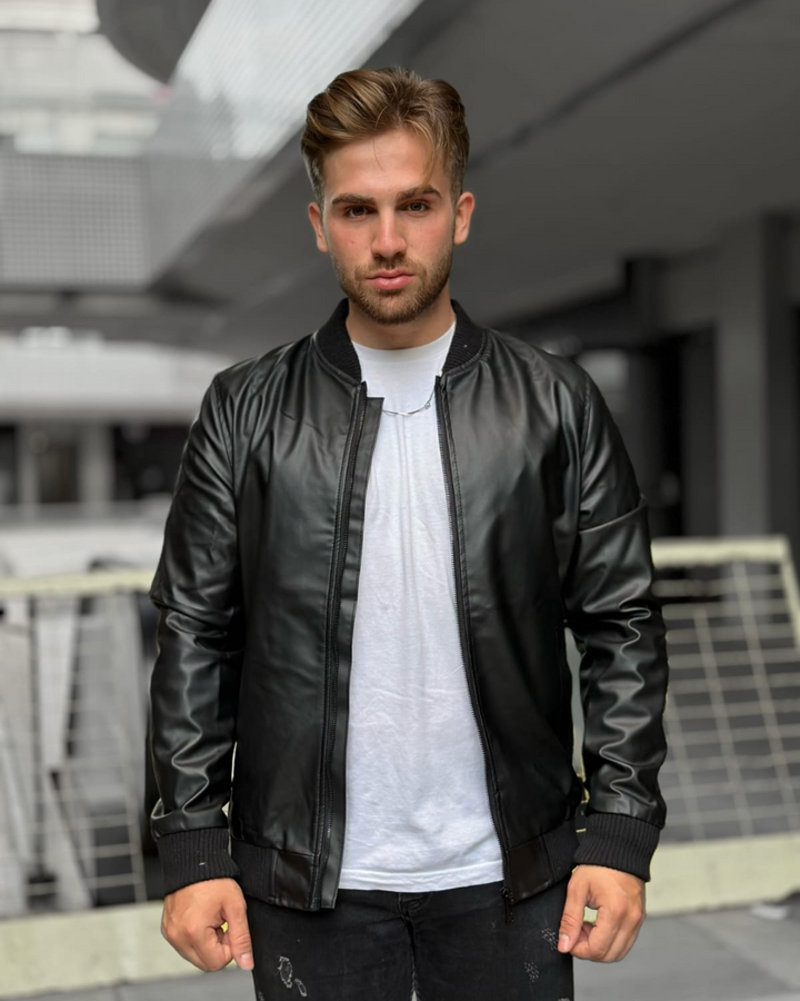 ROUND NECK - LEATHER JACKET - BLACK