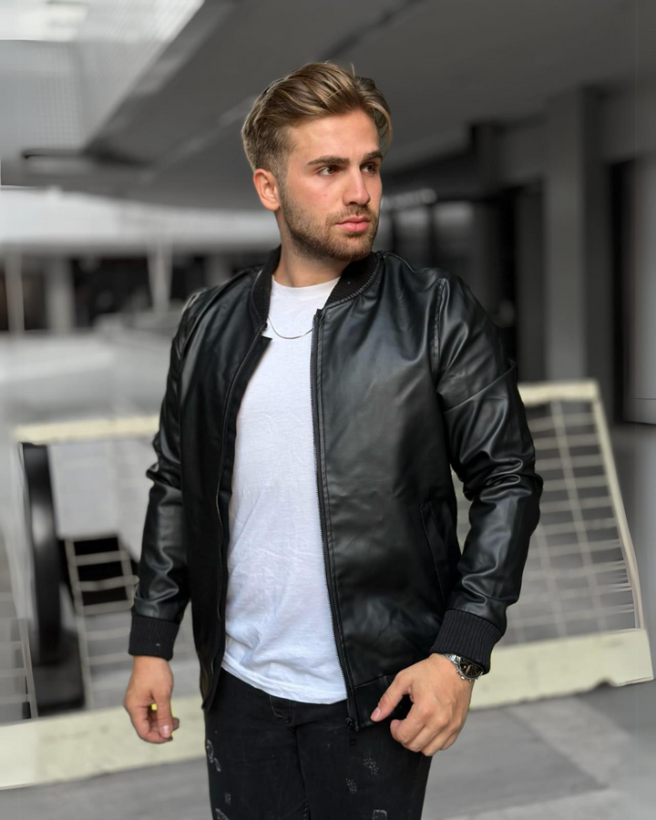 ROUND NECK - LEATHER JACKET - BLACK